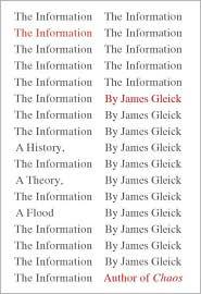 Cover of the Pantheon hardcover edition of The Information by James Gleick, a minimalist gray design repeating the title in gray type with the byline highlighted once in red