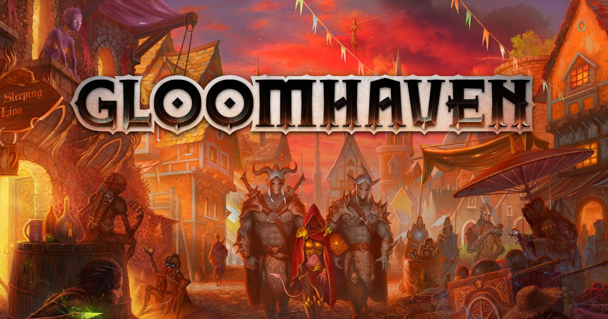 Cover art for Gloomhaven showing two horned mercenaries and a red-cloaked rogue walking through a torchlit market street at dusk, banners strung overhead