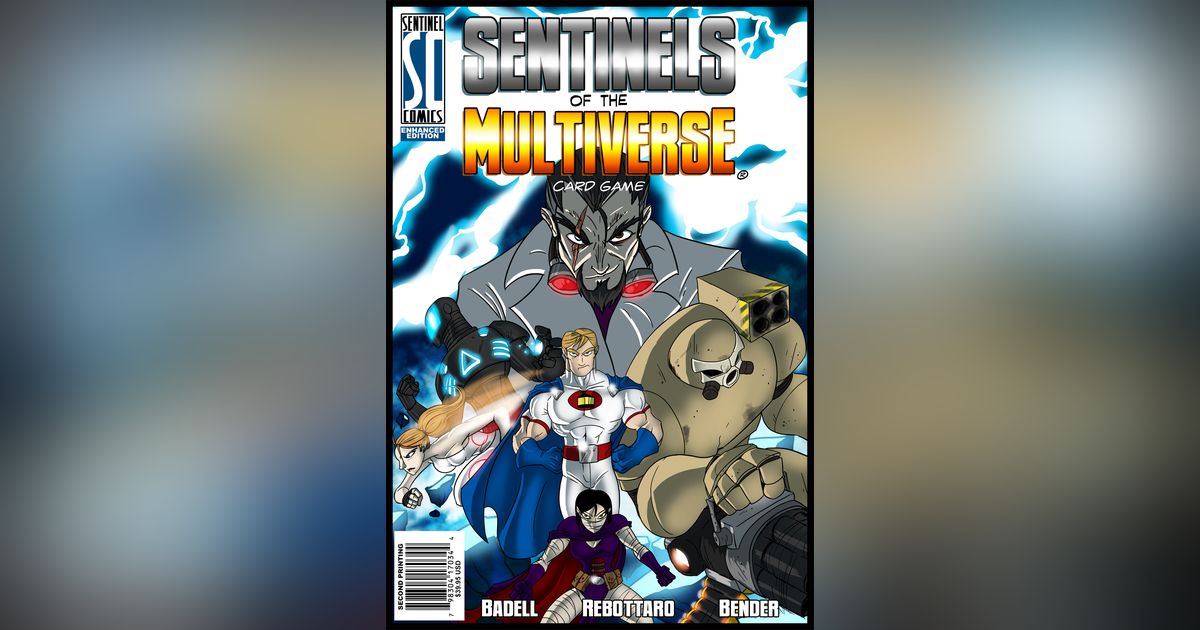 Cover art styled as a vintage comic book issue for Sentinels of the Multiverse, showing a lineup of original superheroes facing off against a menacing horned villain and a hulking armored brute