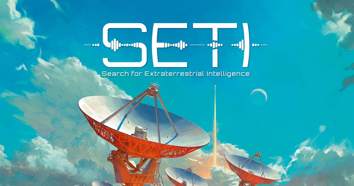 Cover art for SETI: Search for Extraterrestrial Intelligence, showing large radio telescope dishes pointed skyward with a rocket launching in the background against a bright teal sky