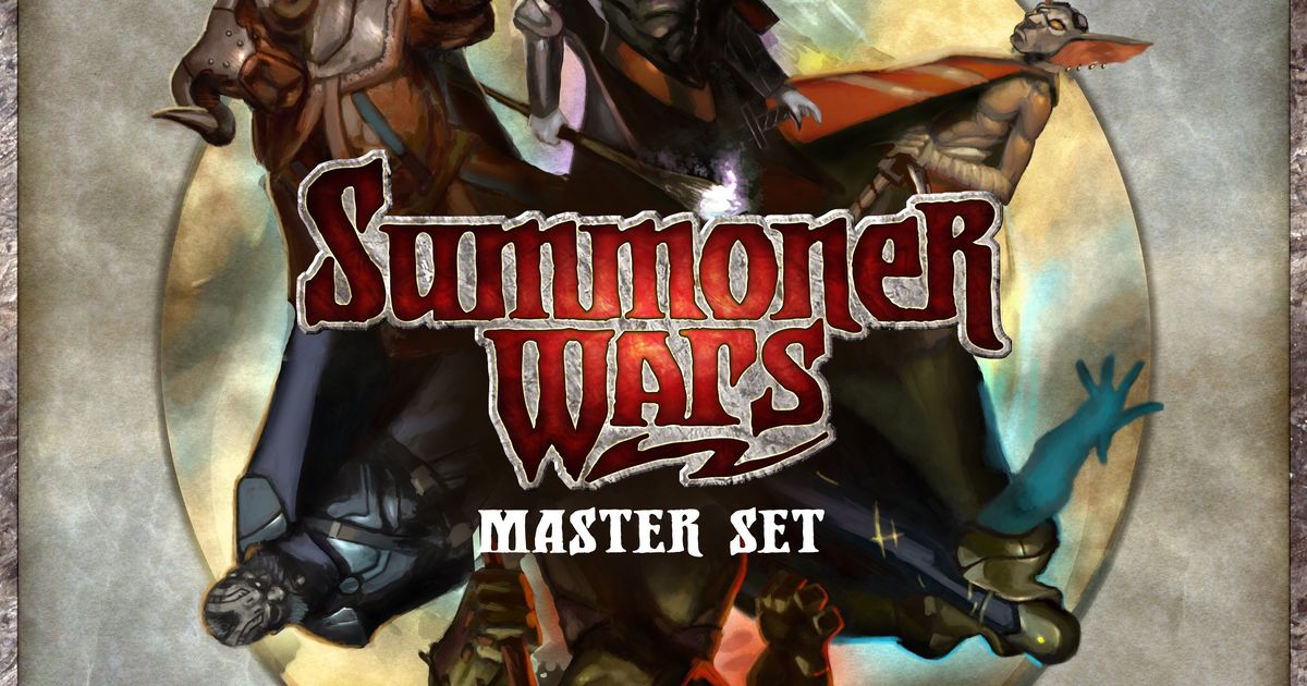Cover art for the Summoner Wars Master Set showing a circle of armored fantasy warriors from different factions, including a horned brute, an armored knight, and a hooded goblin figure
